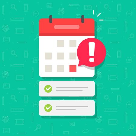 Calendar with important deadline date and task list or event appointment vector flat cartoon illustration, online scheduled agenda modern design isolatedのイラスト素材