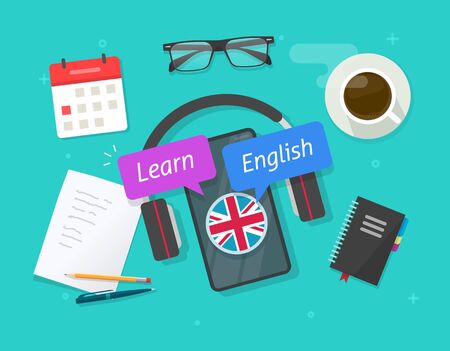 Learn english online on mobile phone or study foreign language on smartphone lesson on desk table vector flat cartoon illustration, education courses class studying english via headphones workplaceのイラスト素材