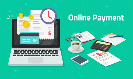 Paying bills online via credit card on laptop computer or electronic shopping concept on pc with digital internet payment invoice on pc notebook vector flat transaction, financial receipt imageのイラスト素材
