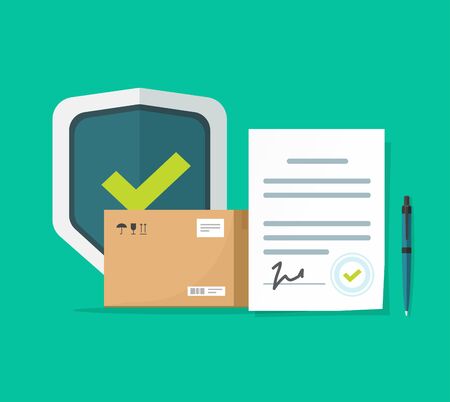 Freight cargo delivery and package transportation protection coverage guaranty care agreement or shipping insurance contract vector flat cartoon, logistics courier service guard shield concept imageのイラスト素材