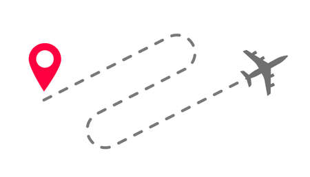 Plane flight way path trace or track airplane route destination vector flat cartoon illustration, dashed line of fly trip imageのイラスト素材