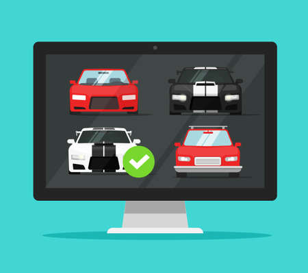 Car auto auction online on desktop computer or pc rental vehicle internet shop website comparison with choosing automobiles vector flat, concept of digital store buying screen or web selling imageのイラスト素材
