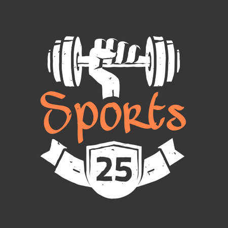 Gym fitness center sign vector in vintage retro design illustration, modern black white graphic print clipart image, dumbbell weight in hand icon badge, bodybuilding workout training symbol imageのイラスト素材