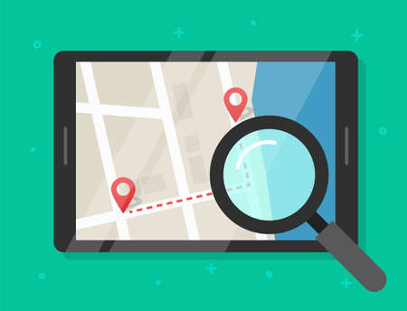 Searching road map location vector illustration, reviewing trip travel direction route on city navigation digital tablet computer flat, exploring roadmap, find street place destination clipart imageのイラスト素材
