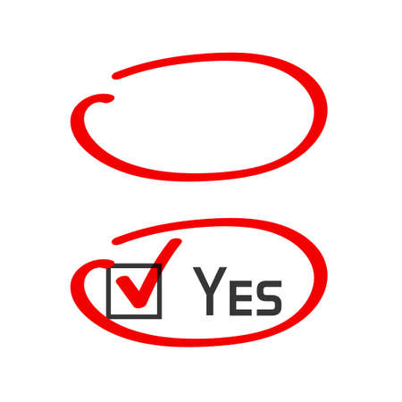 Marker highlight circle correct answer handwritten vector stroke, oval right choice pen drawing highlighter red color, important message note, copy space frame blank empty, correction or reviewingのイラスト素材