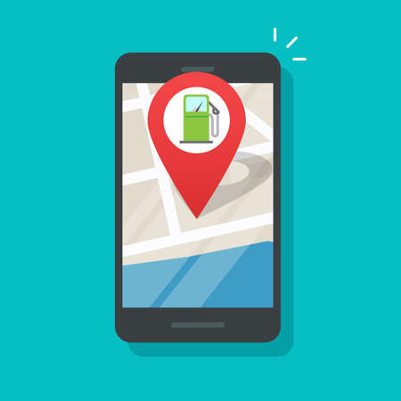 Map with gas petrol fuel station online in mobile phone smartphone app city location marker vector, gasoline fuel digital cellphone navigation gps refuel pump position direction roadmap design imageのイラスト素材