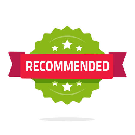 Recommended rosette icon vector flat cartoon, recommendation stamp green red color with ribbon isolated on white background imageのイラスト素材