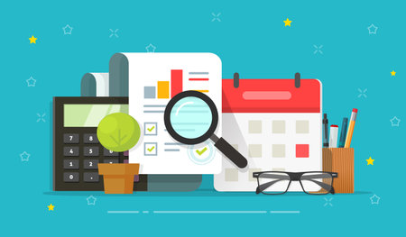 Analysis research sales report review vector with budget calculation and calendar flat cartoon illustration, concept of tax finance statistic growth paper document with diagram chart analyzing imageのイラスト素材