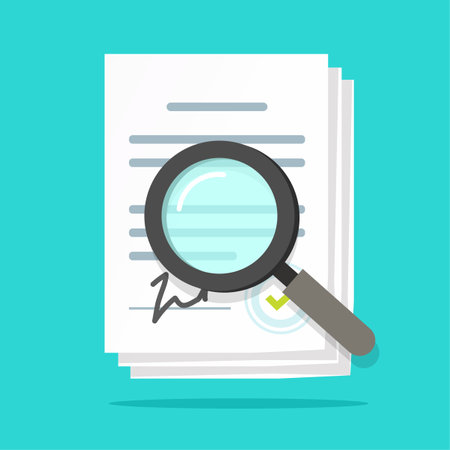 Analysis inspection audit of agreement contract documents vector, statement terms review vector flat, compliance paperwork verification, assessment evaluation, legal law business corporations bylawsのイラスト素材