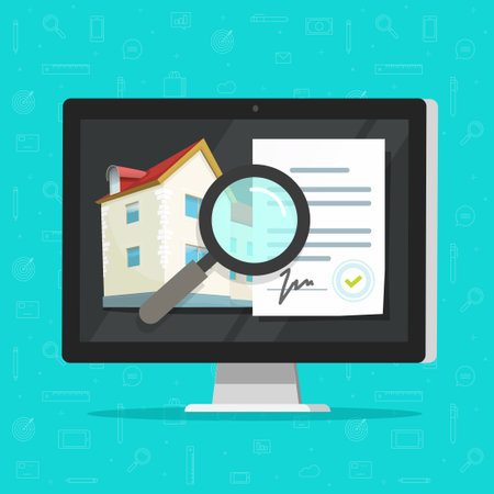 Real estate buying agreement digital online audit review vector, home inspection documents vector, house building architecture examine, quality of property apartment, construction assessment imageのイラスト素材