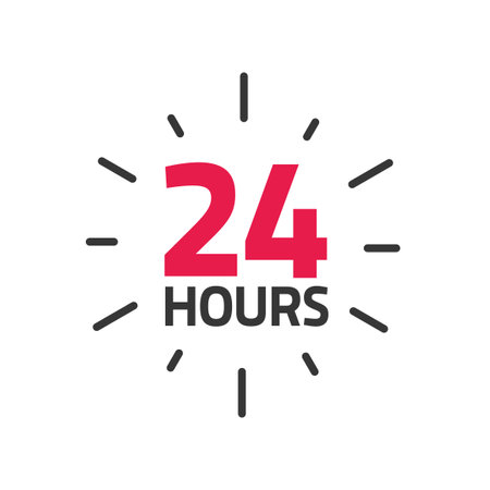 24 hours icon banner vector illustration, all day time open or working shop service label sticker, customer service info sign isolated imageのイラスト素材