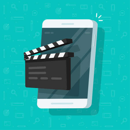 Movie or film creation via mobile cell phone icon flat cartoon, creating video or multimedia content idea via cellphone, smartphone with clapperboard clacker slate on screen imageのイラスト素材