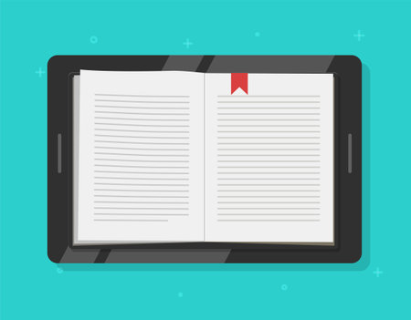 Digital tablet with book or ebook reading on mobile computer screen vector flat cartoon...