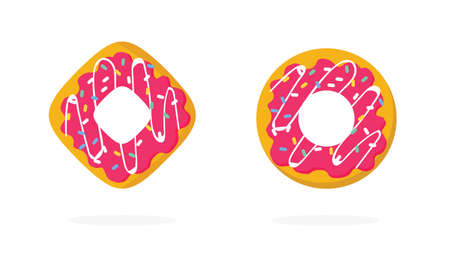 Donuts or doughnut sweet isolated icons set with sprinkles logo flat cartoon illustration, pink colored glazed with strawberry donut on white background clipart, cookie or biscuit bakery idea logotypeのイラスト素材