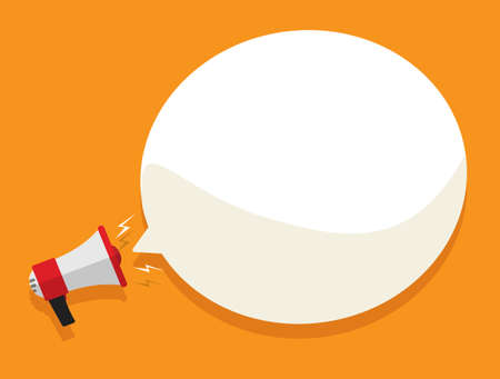Loud megaphone message template with blank empty bubble speech announcement vector flat cartoon illustration in orange colorのイラスト素材