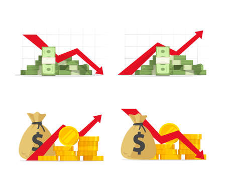 Red negative financial stocks drop down as economic crisis fall and money income or profit sales increase arrow flat cartoon icon set, cash growth graphs trends, investment revenue or loss conceptのイラスト素材