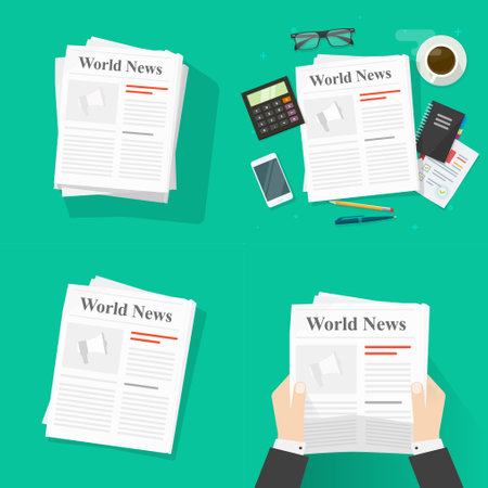 Newspaper magazine reading and holding person man, news paper press pile or heap isolated vector set flat cartoon illustration, the daily media on table desk top view clipartのイラスト素材
