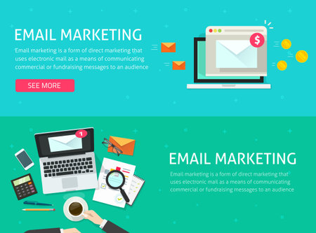 Email digital marketing concept advertising tech as electronic mail promotion revenue and analysis reports service vector flat cartoon illustrationのイラスト素材