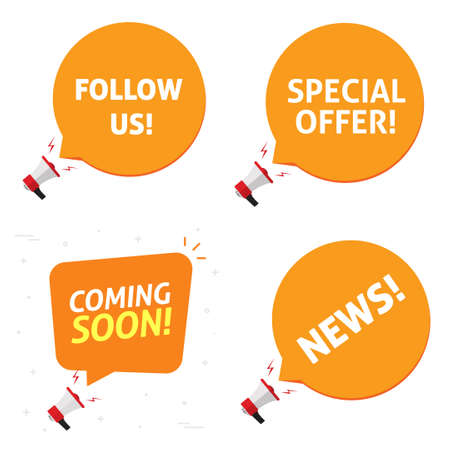 Special offer and coming soon, follow us and news announcement notification alerts vector set flat cartoon illustration isolated, megaphone with promotion messages advertisement balloons bubblesのイラスト素材