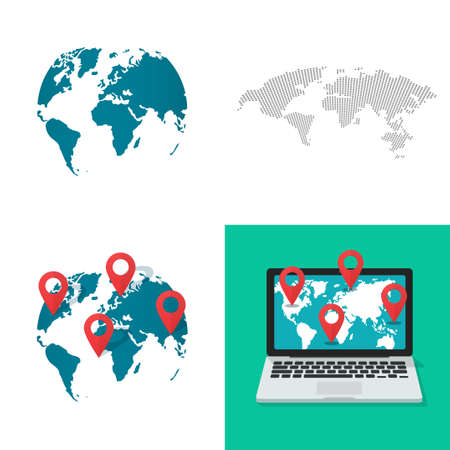 Large world map shape vector set as globe earth gps location navigation pin pointers and online digital geography on laptop computer screen flat cartoon illustration isolatedのイラスト素材