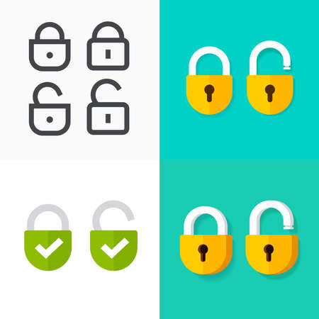 Secure lock icon vector or padlock protection checkmark open and closed pictogram set flat cartoon and line outline art isolated illustration clipartの写真素材