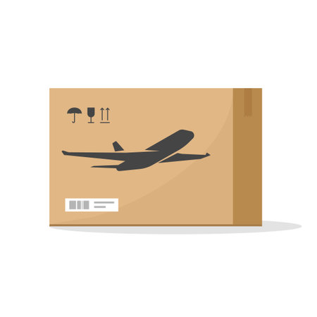 Parcel package box delivery by airmail plane vector concept or export and import freight cargo packet by commercial airline shipment idea flat cartoon vector, logistics postal carrier serviceのイラスト素材