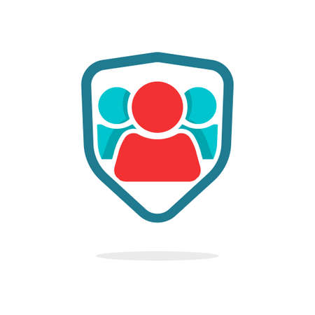 Safeguard family care protection shield icon vector or people and children insurance unity emblem flat cartoon sign, concept of group coverage and safety symbol, secure guard communityのイラスト素材