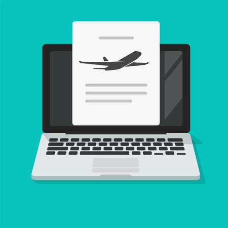 Flight check in online on computer screen with airplane departure airport information vector flat cartoon, air plane checkin on internet via laptop ticket reservation digital electronic info boardのイラスト素材