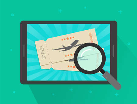 Flight ticket search or travel by airplane booking online on tablet computer vector flat cartoon illustration isolatedのイラスト素材