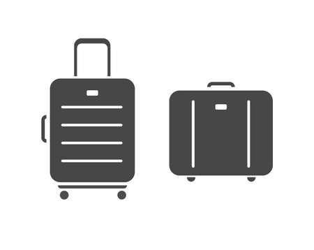 Travel luggage bags icon vector or baggage suitcases pictograms isolated, handbag cases symbol tag for airport claim, tourism trolley briefcase black gray clipart illustration set on white backgroundのイラスト素材
