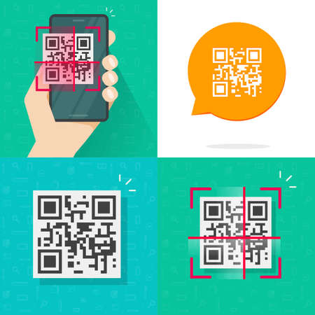 Qr code can on mobile cell phone and barcode icon identification on person cellphone man hand flat cartoon illustration, pictogram isolated on white color backgroundのイラスト素材