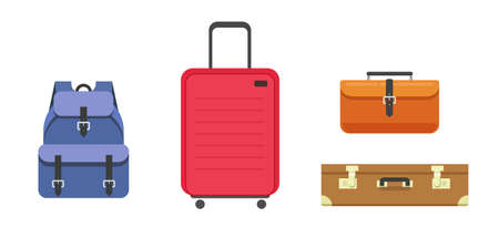Travel luggage bags icons vector and baggage suitcase and isolated on white background clipart in flat cartoon style blue red orange colorsのイラスト素材