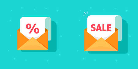 Email sale promotion in envelope letter vector icon or discount off online mail marketing message announcement received flat cartoon illustration, idea of coupon code in smsのイラスト素材