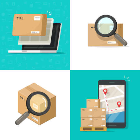 Track order delivery package vector or cargo product shipment and logistics online on mobile cell phone and computer online inspection flat cartoon illustration, freight parcel box search appのイラスト素材