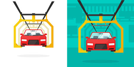 Car manufacture factory vector or automobile automotive production line and assembly industry flat cartoon illustration, auto vehicle plant construction conveyorのイラスト素材