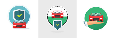 Car insurance secure icon vector with shield protection and auto safe protection security hand as assurance reliability guarantee and automobile support warranty guard flat cartoonのイラスト素材