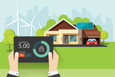 Smart home automation energy control system on tablet device screen on person man hands vector concept or remote house building security modern technology with solar and wind energy innovation techのイラスト素材