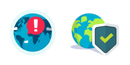 Earth globe shield protection as world planet safe vector icon or global conflict hazard attack and environment danger caution or warning help alert flat cartoon illustration, concept of anti-virusのイラスト素材