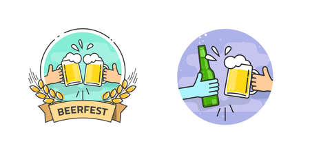 Beer festival with cheer toasting friend hands holding glasses vector or drinking party and brewery fun line outline art with bottle and mug concept flat cartoon illustrationのイラスト素材