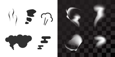 Smoke and steam icon shape vector or scent fume cloud symbol set flat cartoon and realistic illustration, hot vapor smell or aroma silhouette puff, odor or haze design elementのイラスト素材