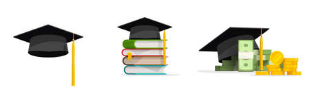 Education grant money vector or college study expensive cost concept and scholarship, graduation cap or academy black hat isolated, student mortarboard with books as knowledge achievement iconのイラスト素材