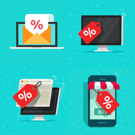 Online sale discount offer icons vector on digital store on mobile cell phone and computer or email price off promo tag for cheap internet electronic shopping deal flat cartoon illustration conceptのイラスト素材