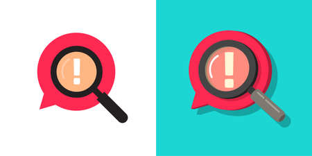 Important risk data identification icon vector or comment bubble bad censorship alert caution with magnifying glass and exclamation mark flat cartoon concept illustrationのイラスト素材