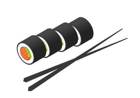 Sushi maki roll with salmon and food chopstick vector or japanese philadelphia white delicious meal with fish and avocado isometric illustration, idea of asian menu restaurant cuisine isolatedのイラスト素材