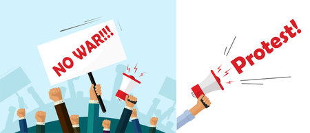 No war or anti-war protest crowd hands with placards and megaphones vector, antiwar people...
