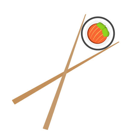 Sushi rice roll maki with salmon on chopsticks vector isolated on white background flat cartoon illustration, asian or japanese meal icon clipart, wooden stick and seafood fresh tasty modern designのイラスト素材