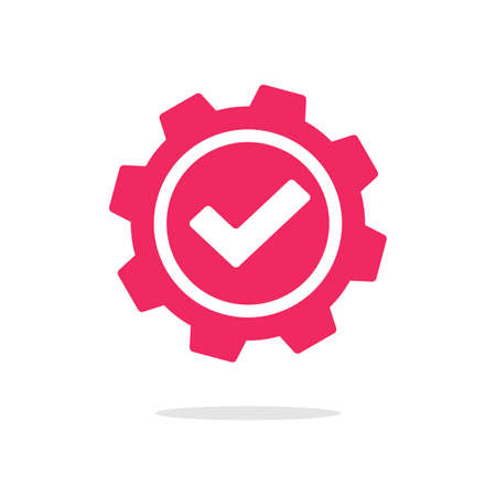 Gear icon with check mark as completed update settings vector or cog wheel checkmark as setup executed change graphic pictogram isolated, digital installed construction approved pinion cogwheel imageのイラスト素材