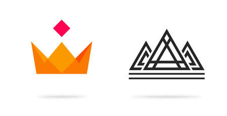Crown abstract graphic for king or queen gold icon flat and triangle line outline art design, stroke royal luxury golden, geometric cute sacred pyramid illustration image blackのイラスト素材