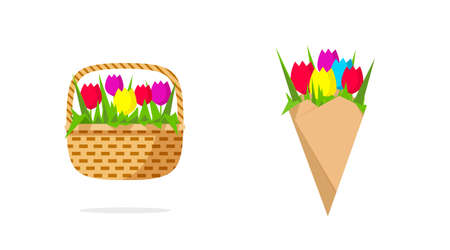 Flower basket or tulips icon vector or blossom bouquet in paper wrap bunch flat cartoon illustration isolated on white background, idea of wedding or easter gift modern image clipartのイラスト素材