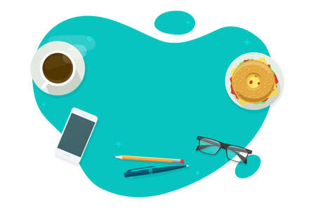 Office desk table top view vector abstract empty blank space, tabletop working place desktop above overhead with pen pencil, glasses and coffee food, workplace or workspace up with cell phone graphicのイラスト素材